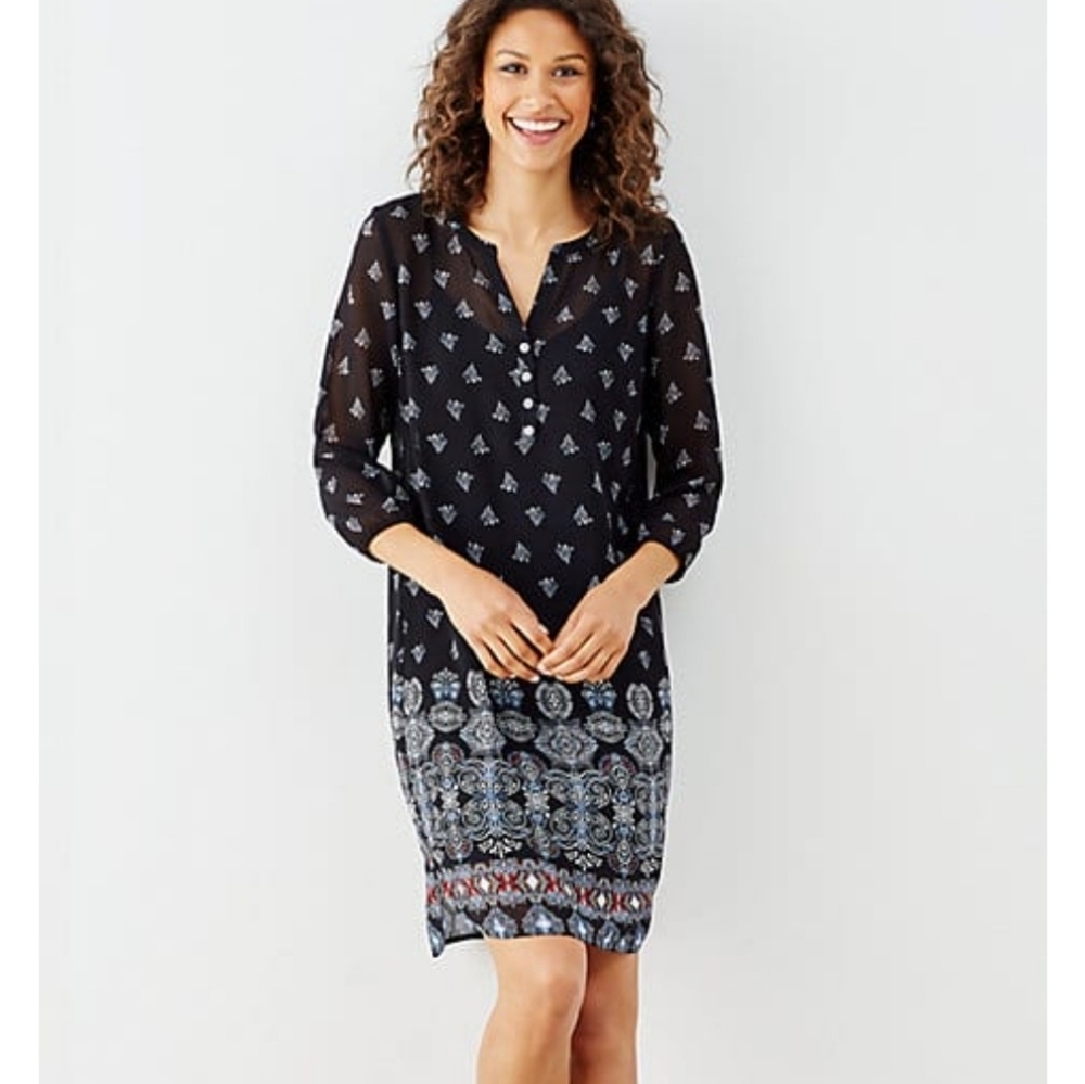 J. Jill Black Boho Print Overlay Classic Tunic Shift Dress Small P